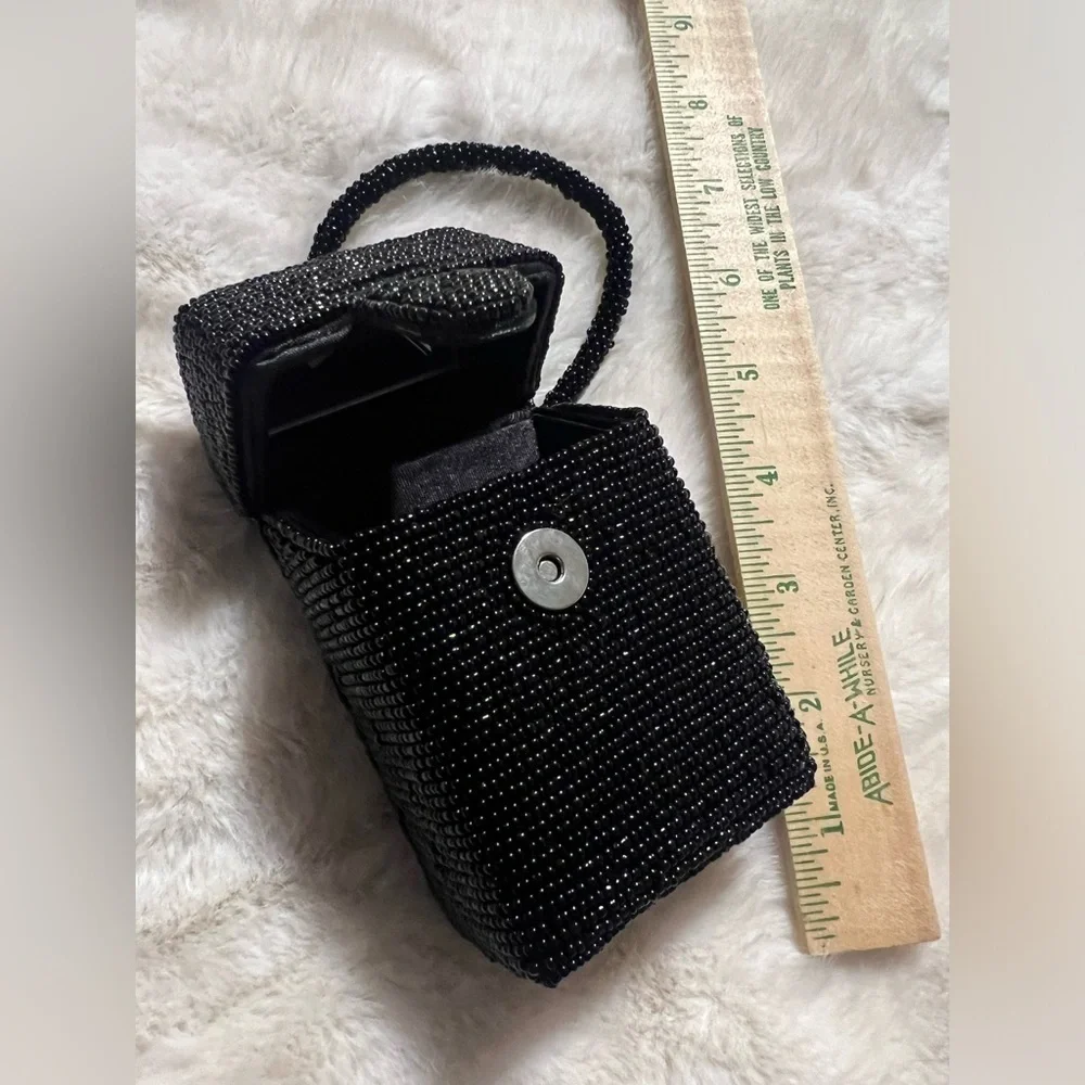 BEADED black cosmetic rectangle cosmetic/ evening mini bag with built in mirror